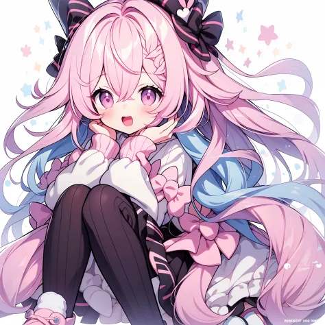 1girll, Animal ears, Pink hair, Long hair, Rabbit, Open mouth, Smile, Rabbit ears, bow, Solo, White background, a sailor suit, Pantyhose, the wall, Pink eyes, view the viewer, :D, full bodyesbian, Simple background, nail polish, streaked, Holding, Arm rais...