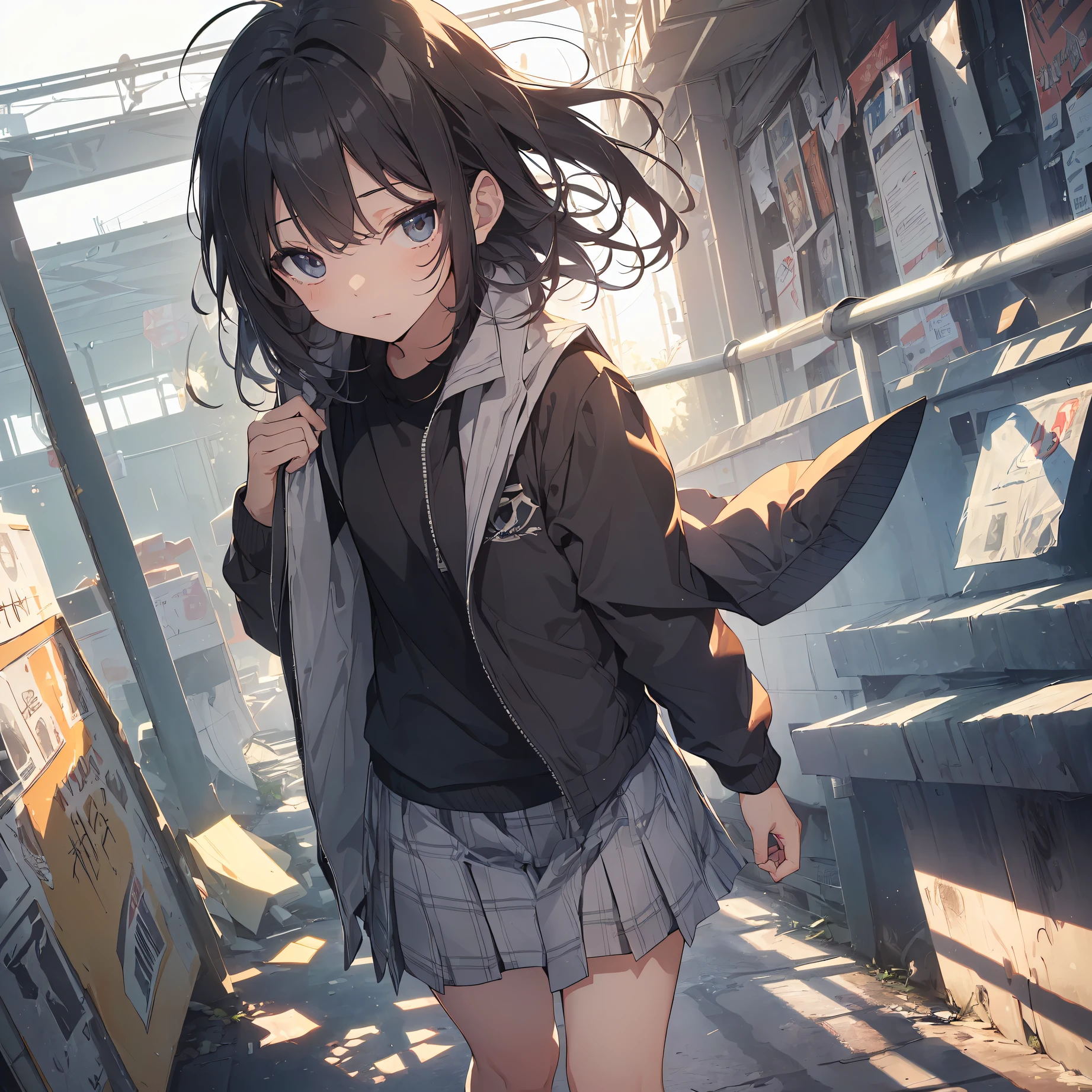 ((top quality, anime, ultra-detailed,high resolution,extremely detailed CG,unity 8k wallpaper, by famous artist, perfect anatomy, super detailed skin, cinematic lighting, UHD, retina, anatomically correct, 1080P)),break,(Please draw a girl walking sleepily to school. :1.3),break, 1girl, (Solo, face,13-year-old:1.5),a junior high school student, androgynous charm, (Very Short hair), Full limbs, complete fingers,flat chest, Small butt, groin, Beautiful detailed black eyes, disgusted eye, , (Detailed Lighting), (Detailed background), (in the school zone),