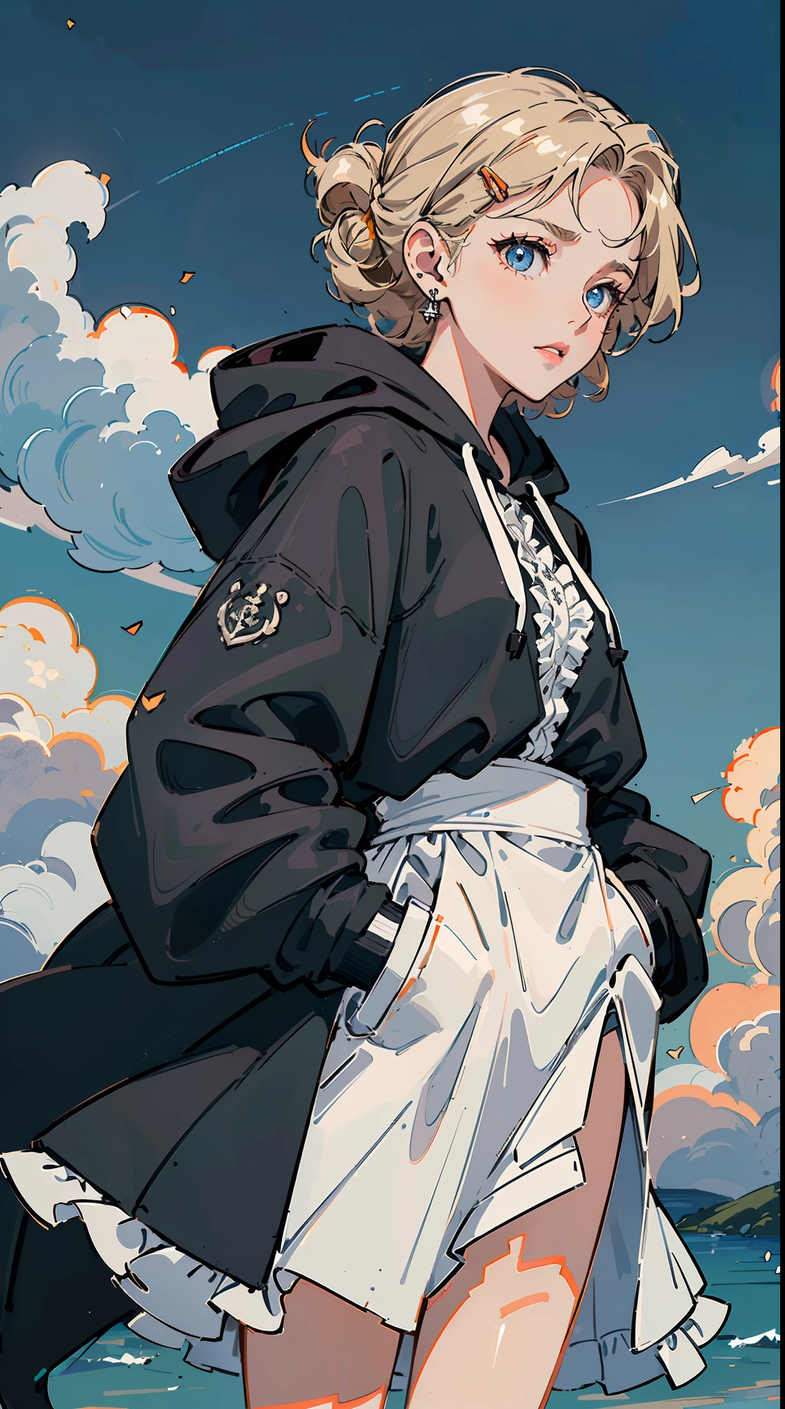 ((((frills,large black hoodie,))))((hands in pockets,))(Masterpiece illustration,Beautiful and aesthetic:1.2,head up to sky), Best quality,Top quality, Epic quality,((((nature,on a floating glacier ,outdoor,))))(blue moonlight,moon glare, god light, from below:1.3,))Neat face,,mature,Beautiful detailed hair，natural ginger hair，hyper HD, retinas, Textured skin, A high resolution, 16K ，((hairclip,blunt bangs,sidelocks,short hair，natural curly hair,hair intake,updo,knot top)),Detailed face, 1JK, lady,独奏, Perfect face, Very amazing girl,((covered by thin translucent cloth,skindentation,high waist skirt,black hybrid white coat,large cloak,metal earrings,spiral earrings)),rim-light