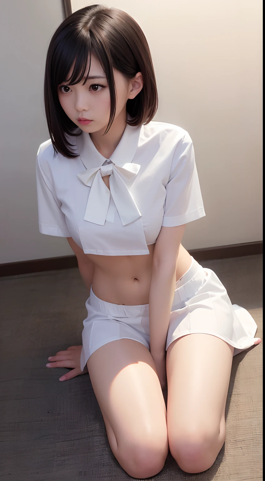 Arafed asian woman in a white shirt and short skirt sitting on the floor -  SeaArt AI