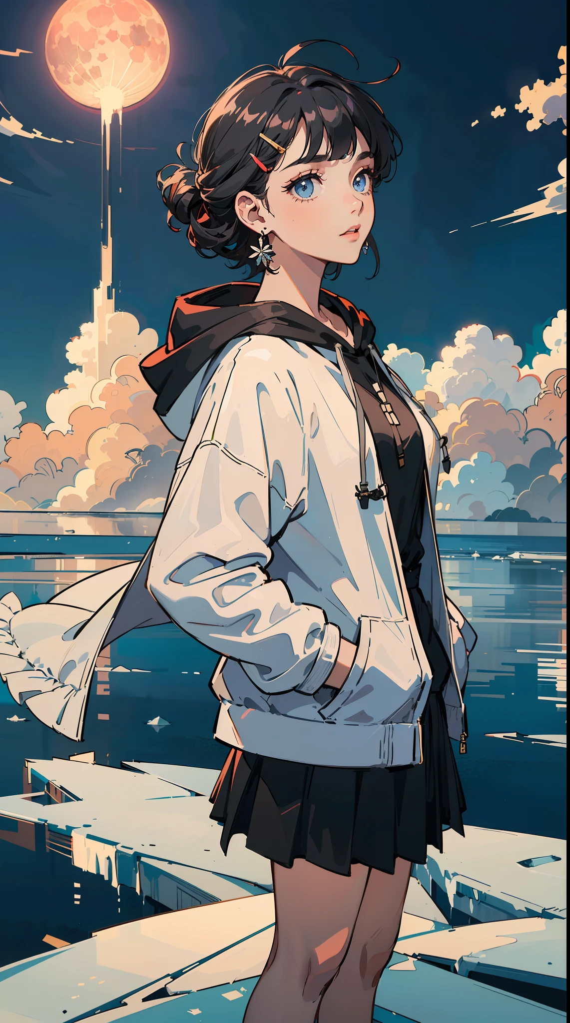 ((((frills,large black hoodie,))))((hands in pockets,))(Masterpiece illustration,Beautiful and aesthetic:1.2,head up,aim to sky), Best quality,Top quality, Epic quality,((((nature,on a floating ice  ,outdoor,cloudy,))))(blue moonlight,moon glare, god light, from above:1.3,))Neat face,,mature,Beautiful detailed hair，red hair，hyper HD, retinas, Textured skin, A high resolution, 16k ，((hairclip,blunt bangs,sidelocks,short hair，natural curly hair,updo,knot top)),Detailed face, 1JK, lady,Solo, Perfect face, Very amazing girl,((covered by thin translucent cloth,skindentation,high waist skirt,black hybrid white coat,large cloak,metal earrings,spiral earrings)),rim-light