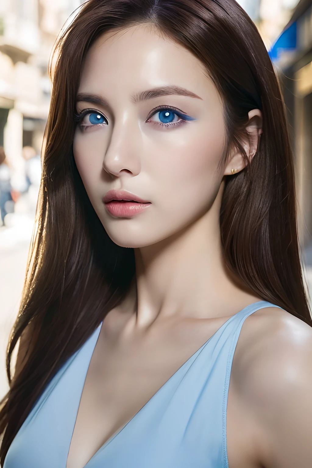 (Italian woman、Perfect Style Beauty:1.4、Slender Abs:1.2、((Dark brown hair、Blue Eye、Big Tits:1.2))、(Natural Soft Light、City Street:1.1)、Face and skin texture、Eye for detail、double eyelid