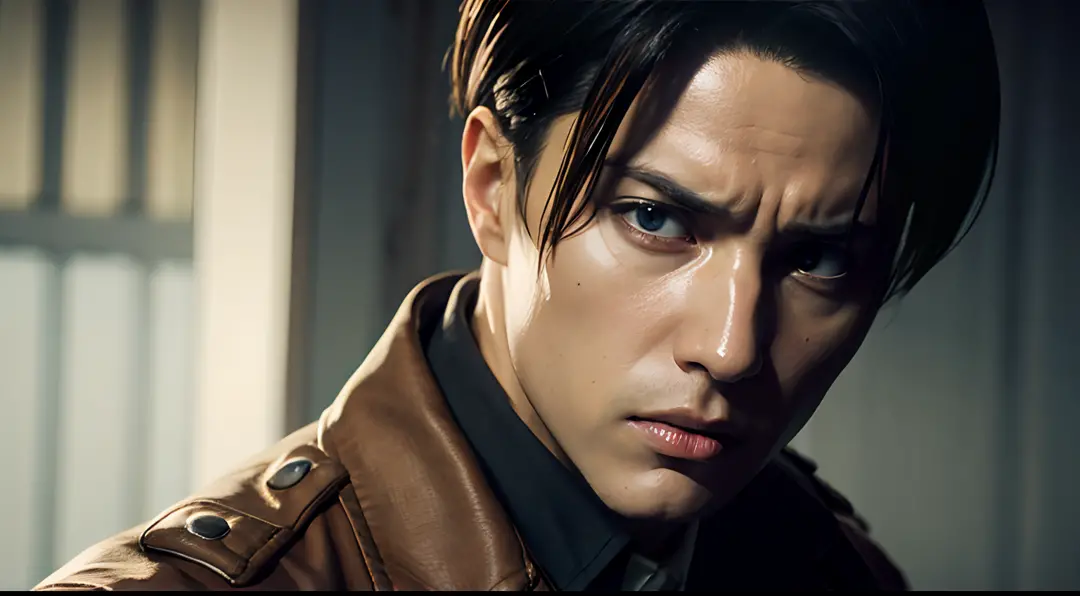 leviackerman, man, brown jacket, white shirt, solo, intimidating look, gray eyes, detailed face, detailed eyes, handsome, upper ...