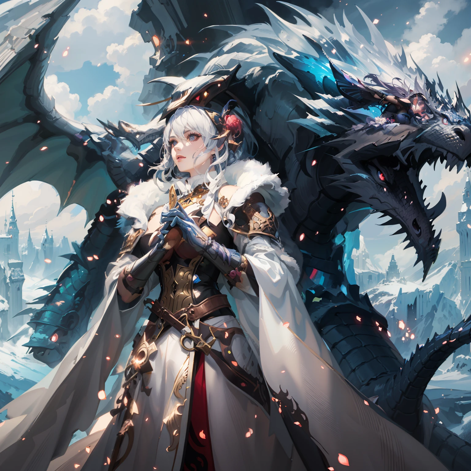 Une femme en robe blanche et un dragon dans un paysage enneigé, art fantastique détaillé, Style d&#39;art fantastique épique HD, Art fantastique 4k, art fantastique très détaillé, reine de l&#39;hiver, oeuvre fantastique d&#39;anime, Reine des glaces et des tempêtes, art fantastique HD, style artistique fantastique épique, dieu de l&#39;hiver, Art fantastique 8k, Art fantastique de haute qualité, style artistique fantastique