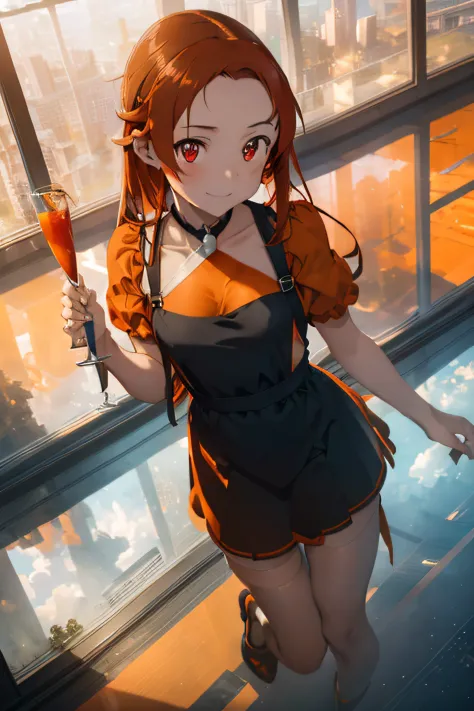 (masterpiece:1.2), best quality, expressive eyes, perfect face, tiese, red eyes, red hair, smiling, wearing plunging neckline dress,silk dress, (((orange dress))), silver highheels, posing lovely, outdoors,( in the sky:1.5), (glass floor:1.5), reflective f...