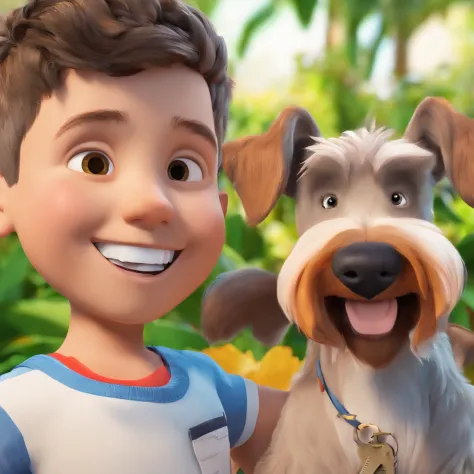 Lucas is a smiling 5-year-old human boy, com seu fiel amigo, Bolt, o cachorro schnauzer, deitados no jardim