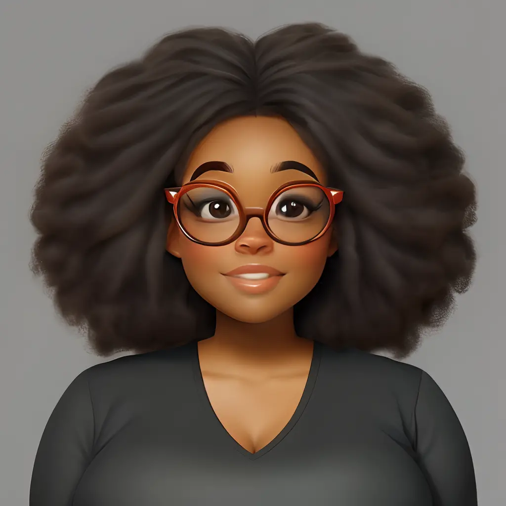 Plus size dark-skinned African-American woman pixar coily hair glasses