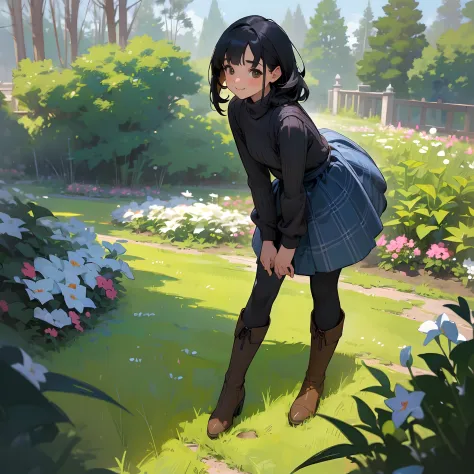 (High quality, High resolution, Ultra-detailed, Realistic:1.37), peaceful ambiance, (plein air, garden), Teenage girl standing alone, Beautiful detailed features, Cute smile, (Black bob hair), Ribbed sweater, blue plaid skirt, Black tights, Brown boots.