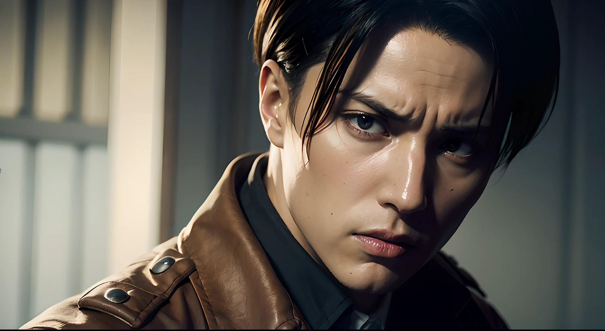 leviackerman, man, brown jacket, white shirt, solo, intimidating look, gray eyes, detailed face, detailed eyes, handsome, upper body, detailed eyes