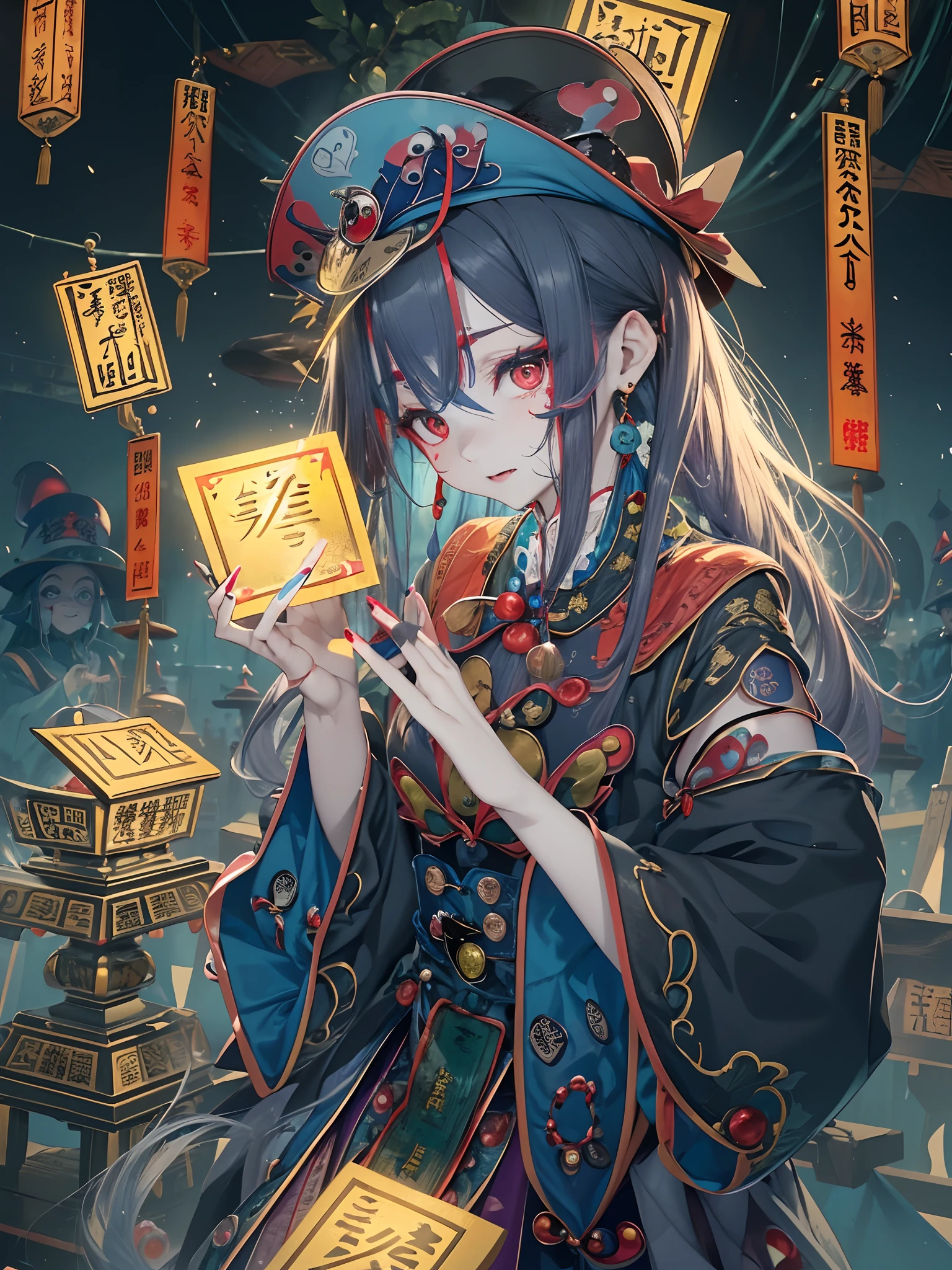 absurderes, (独奏)ultra-detailliert, Delicate beautiful face,(jiangshi:1.4), (Spells with red letters on yellow),mid night,Dark scenery,Stretch your hands forward,Blue manicure,(double tooth),Cemetery at night