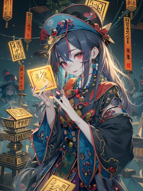 absurderes, (独奏)ultra-detailliert, Delicate beautiful face,(jiangshi:1.4), (Spells with red letters on yellow),mid night,Dark sc...