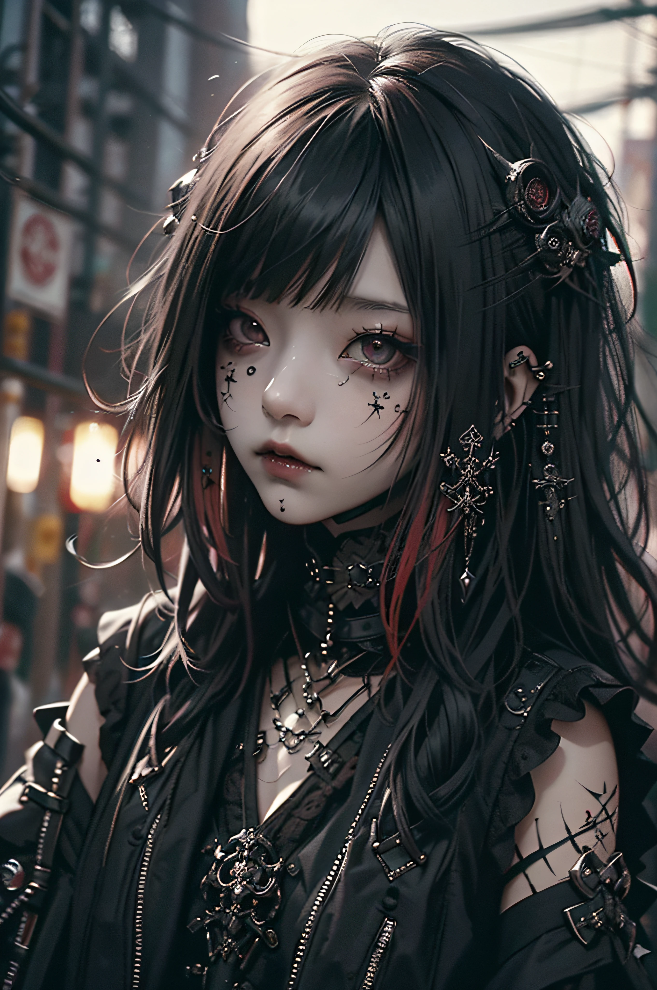 top-quality、8K、​masterpiece：1.3、Gothic punk、Red inner color、A dark-haired、hair adornments、a beauty girl、creative、dark fantasy style、Neogos、Goth Fashion：1.2