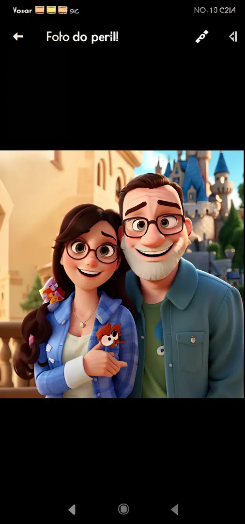 Cute couple having fun Disney pixar style and in the background a castle putting beard on man and sunglasses