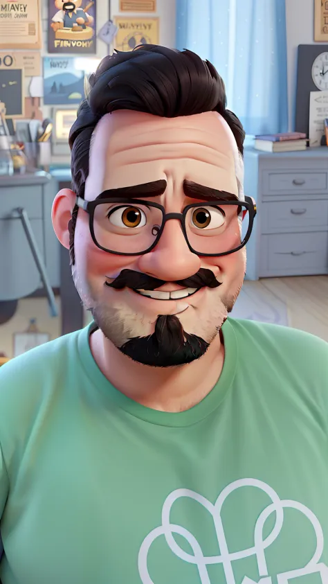 poster in Disney Pixar style, high quality, white man, 30s, fat, black hair, beard and mustache, wearing glasses, smiling.
