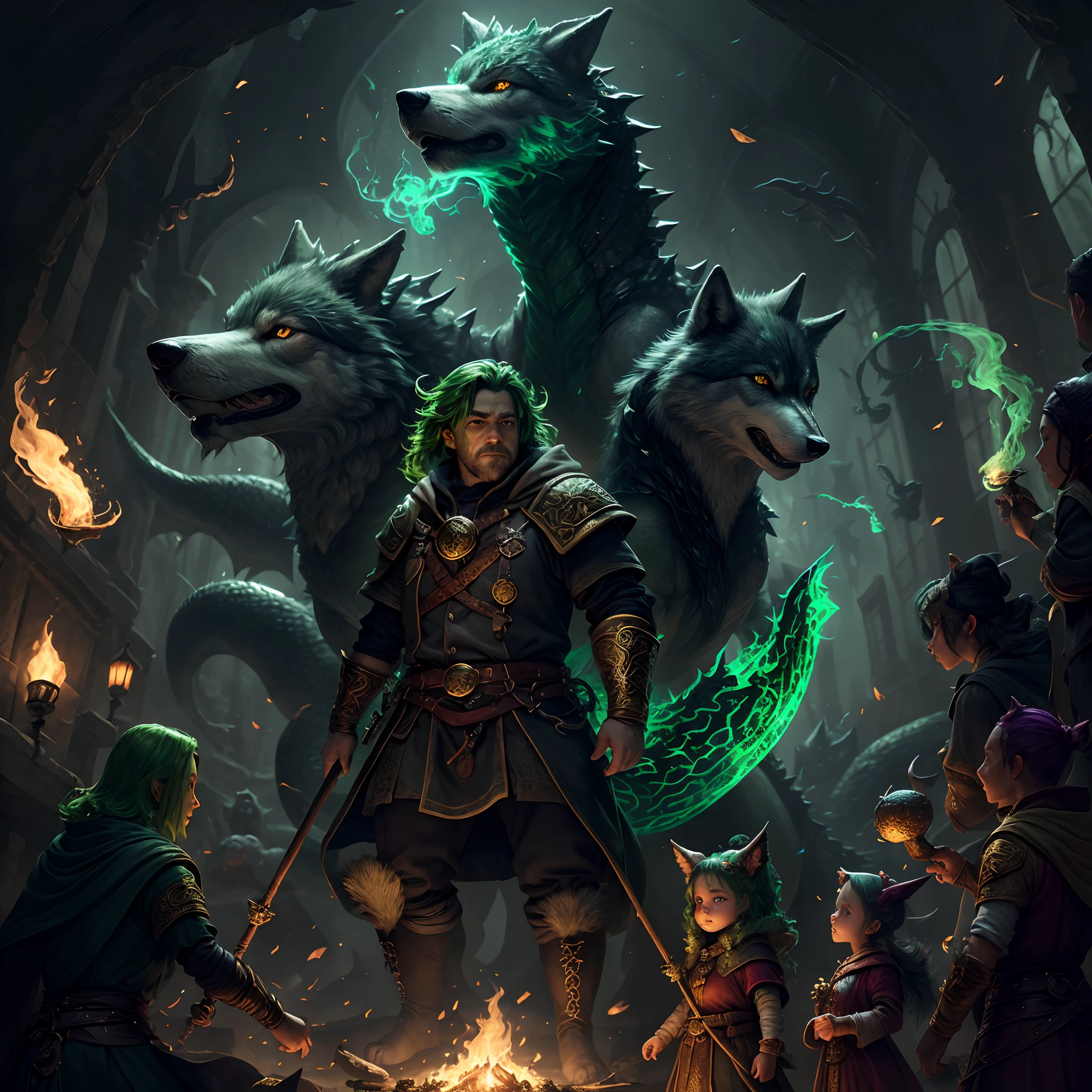 Um Invocador anão de cabelos verdes, roupas pretas com runas douradas, controlando criaturas, um lobo e um dragão, mascotes controlados por magia com uma aura mágica verde