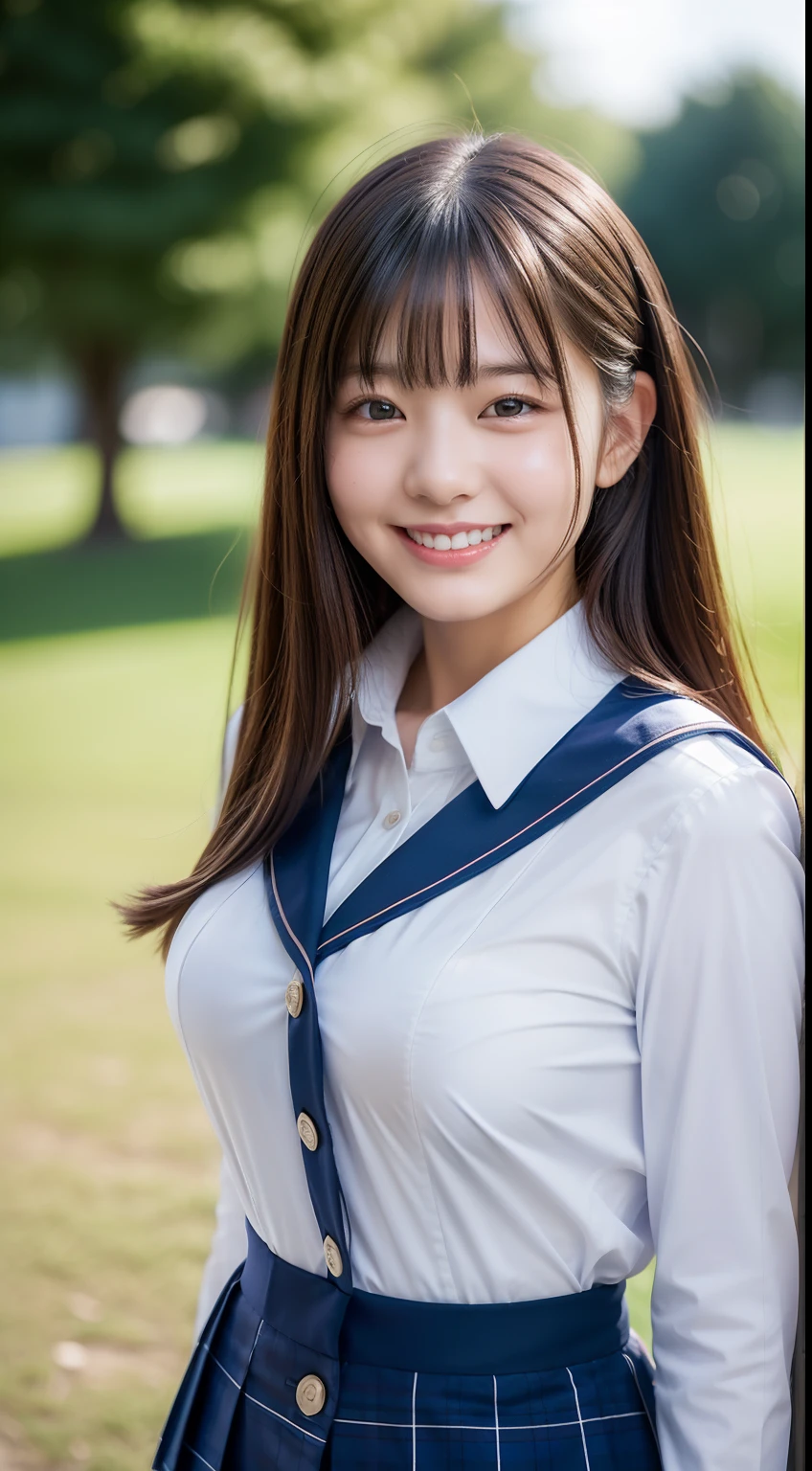 Enhanced dynamic perspective，Cute cute beautiful girl，JK school uniform，Look at me and smile，simple backgound，Works of masters，high quarity，4K resolution，super-fine，Detailed pubic hair，acurate，Cinematic lighting，Leaves the original facial proportions、(large full breasts)、((buttonGap))