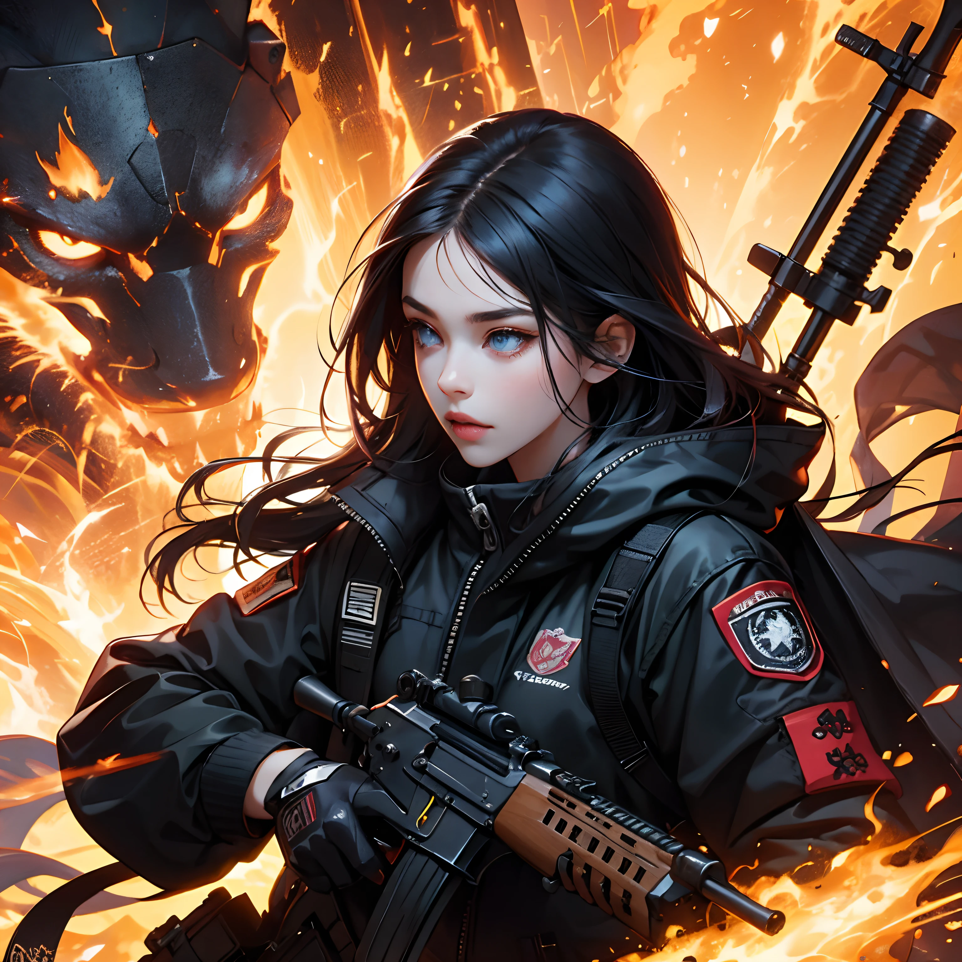 /imagine Young girl, masterpiece, best quality, high resolution, 1girl, solo, black_hair and fire , blue_eyes Nein fire, detailed skin and face, jacket, holding gun, , assault rifle pegando fogo , kalashnikov rifle, trigger_discipline, low-ready