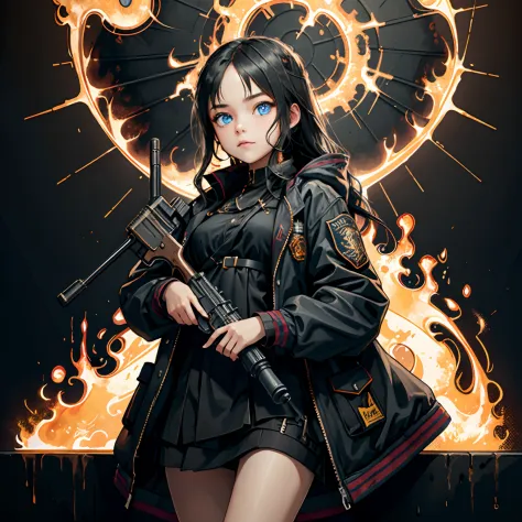 /imagine Young girl, masterpiece, best quality, high resolution, 1girl, solo, black_hair and fire , blue_eyes Nein fire, detailed skin and face, jacket, holding gun, ak-47, assault rifle pegando fogo , kalashnikov rifle, trigger_discipline, low-ready