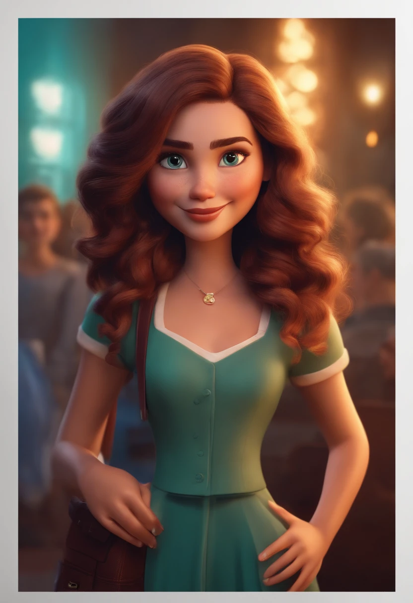 Create Pixar style character of a young lady holding a poster for a movie