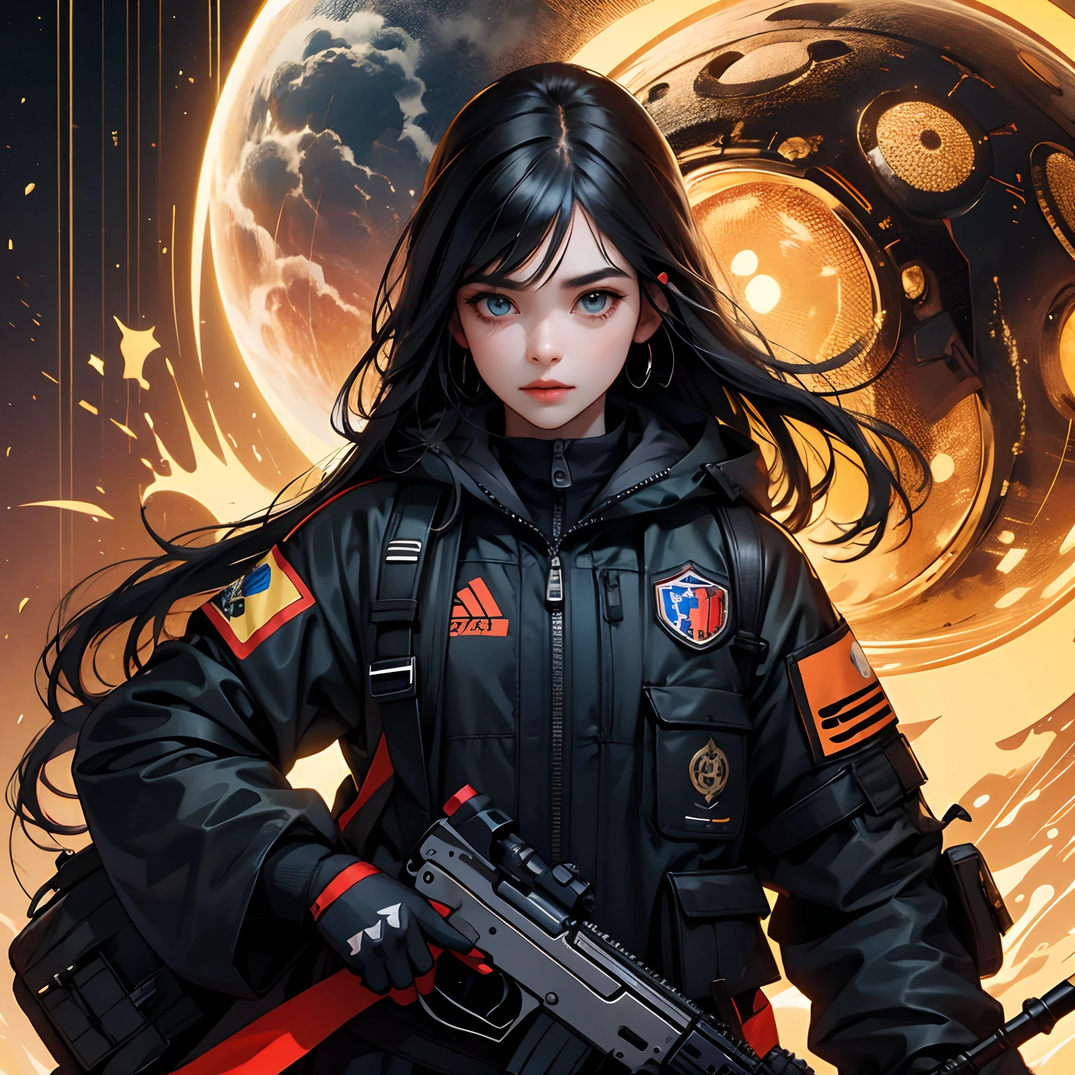 /imagine , master part, best quality, high resolution, 1girl, standing alone, blackw_hair and fire , cerulean_Nein fire eyes, Detailed skin and face, suit jacket, holding gun, , assault rifle on fire , Fuzil Kalashnikov, trigger_discipline, Not ready