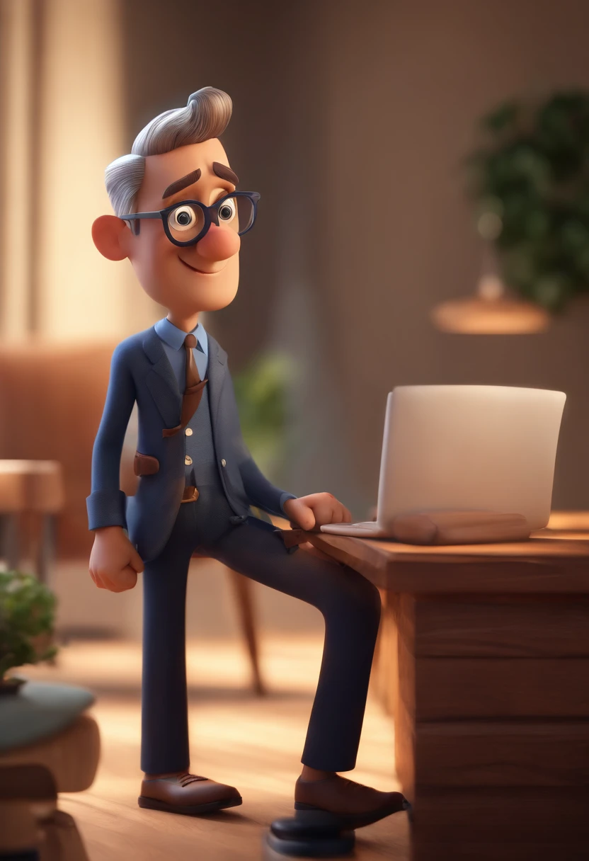 Personaje de dibujos animados de un hombre con gafas negras y una camisa azul, un personaje animado, personaje estilizado, renderizado de estilo de animación, 3D estilizado, Arnold Maya renderizado, Render 3D estilizado, Toon render keyshot, Personaje 3D, Personaje 3D, Representación 3D estilizada, renderizado de personajes 3d, personaje animado, Carácter de primer plano, Pose del personaje, (Estilo Pixar) (parte maestra:1.2) (bokeh) (mejor calidad) (piel detallada) (textura detallada) (8K) (arcilla) (iluminación cinematográfica) (enfoque nítido，Siéntate y levanta la parte superior del cuerpo.