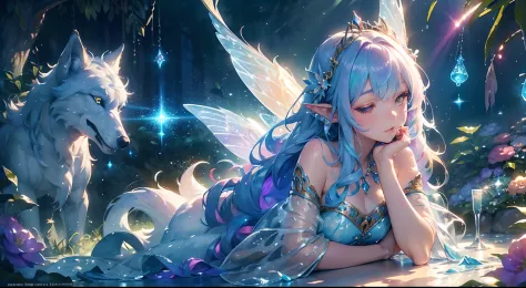 ((​masterpiece,top-quality)),((Beautiful fairy princess with sparkling iridescent feathers,Energetic Fairy,Dwarf Fairy,A small f...