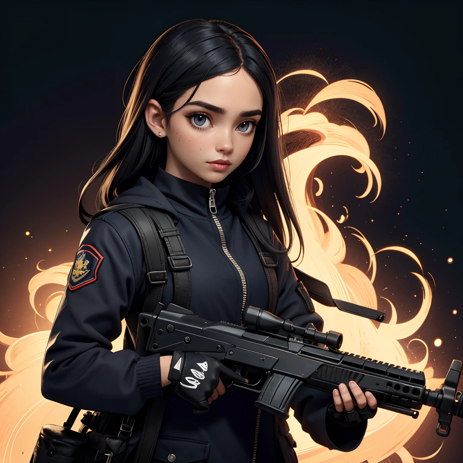 /imagine , master part, best quality, high resolution, 1girl, standing alone, blackw_hair and fire , cerulean_Nein fire eyes, Detailed skin and face, suit jacket, holding gun, , assault rifle on fire , Fuzil Kalashnikov, trigger_discipline, Not ready