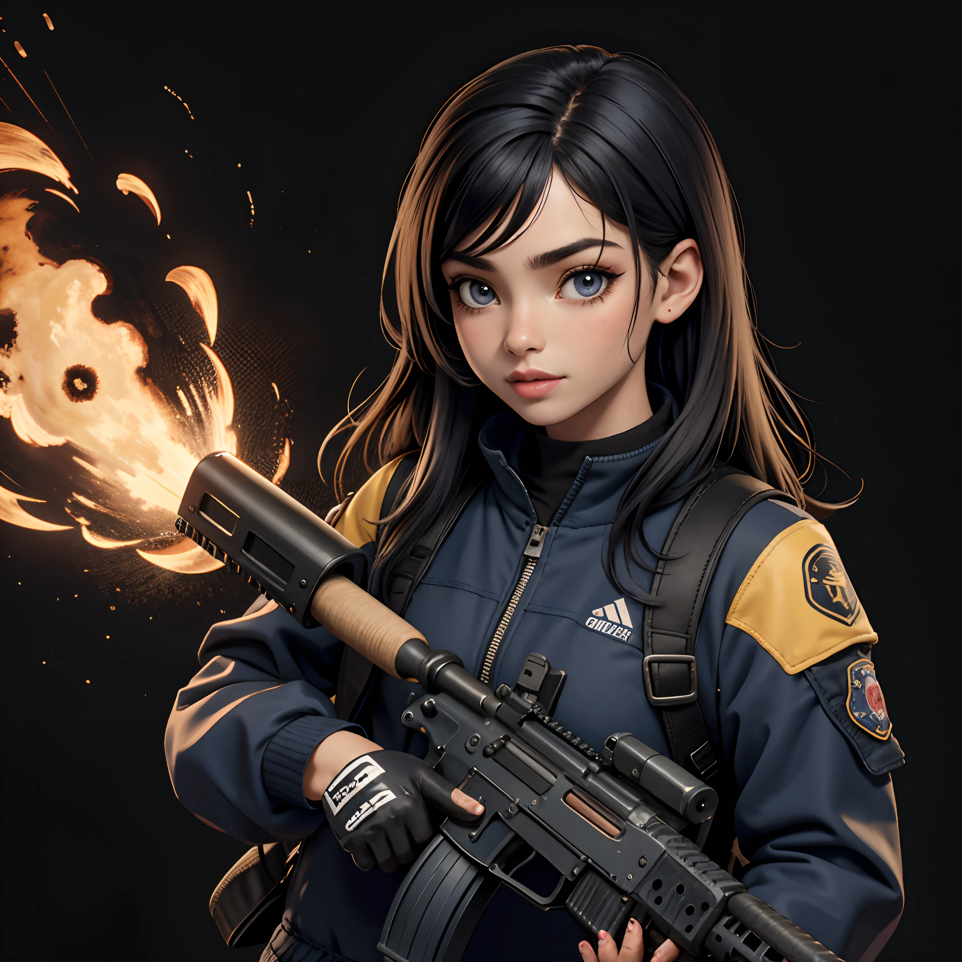 /imagine , master part, best quality, high resolution, 1girl, standing alone, blackw_hair and fire , cerulean_Nein fire eyes, Detailed skin and face, suit jacket, holding gun, , assault rifle on fire , Fuzil Kalashnikov, trigger_discipline, Not ready