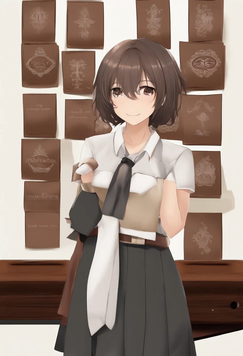 Anime girl in uniform holding a box of chocolates in front of a wall -  SeaArt AI