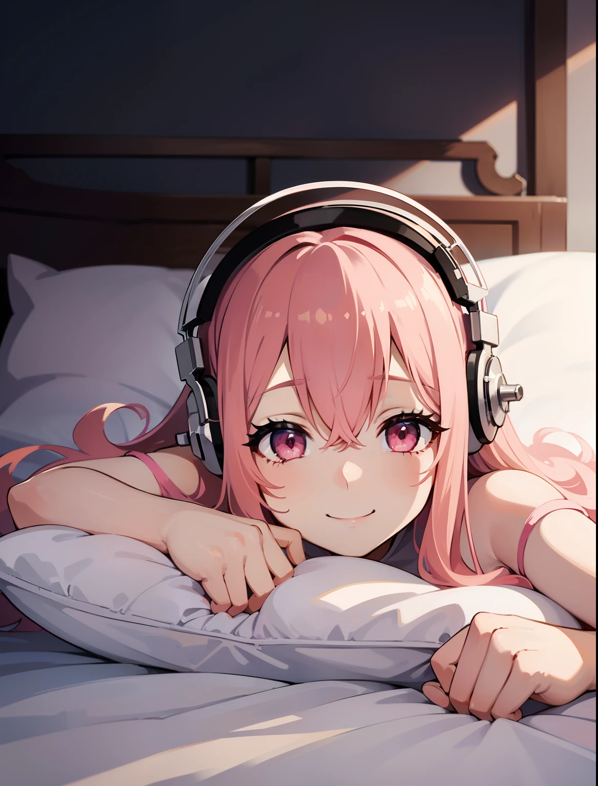 Chica anime acostada en la cama con auriculares en la cabeza. - SeaArt AI