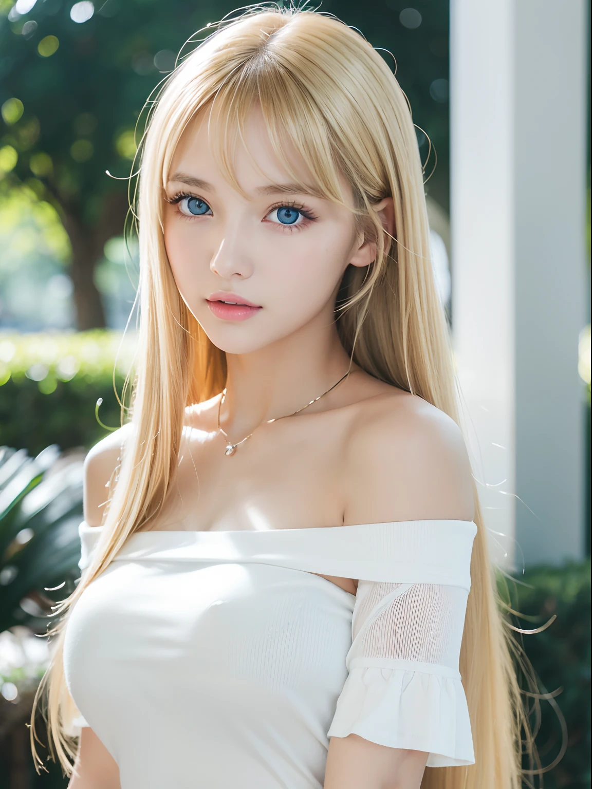 1girl in, age19, Solo, Super long straight hair, Colossal , bright expression、Looking at Viewer, ((shiny bright blonde hair))、Very beautiful eyes and disheveled bangs between the nose and eyes、de pele branca、Beautiful skin、glowy skin、Gloss Face、Teak Gloss、Small face beauty、Bare shoulders, jewely, Full body, (Very detailed 8k wallpaper), Soft lighting, High quality, Film grain, Fujifilm XT3 sharp focus, F 5.6, high detailing, Sharp Focus,(Natural light), (gros-plan:1.2), (Seductive), off shoulder t-shirt, Realistic, A sexy、She has beautiful big bright pale blue eyes、eye liner、Young face、with round face、