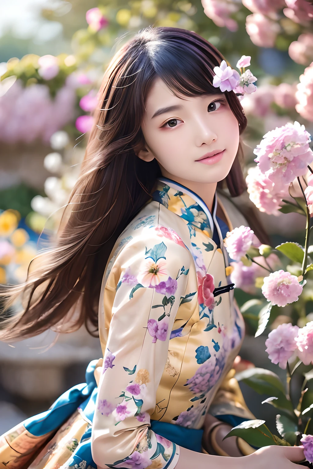 (masterpiece, top quality, best quality, official art, beautiful and aesthetic:1.2), 1 girl , extremely detailed, (flowers:1.3),highest detailed, (dynamic pose), (blurry background:1.3), (chinese Traditional cloth:1.2), (shiny skin),