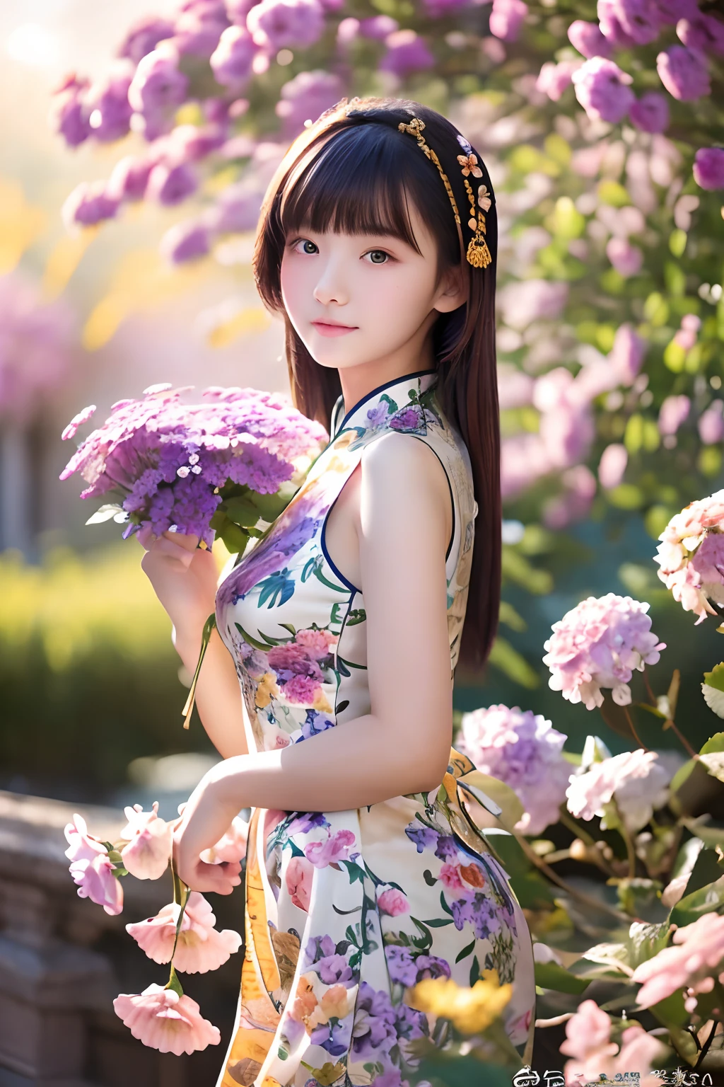 (masterpiece, top quality, best quality, official art, beautiful and aesthetic:1.2), 1 girl , extremely detailed, (flowers:1.3),highest detailed, (dynamic pose), (blurry background:1.3), (chinese Traditional cloth:1.2), (shiny skin),