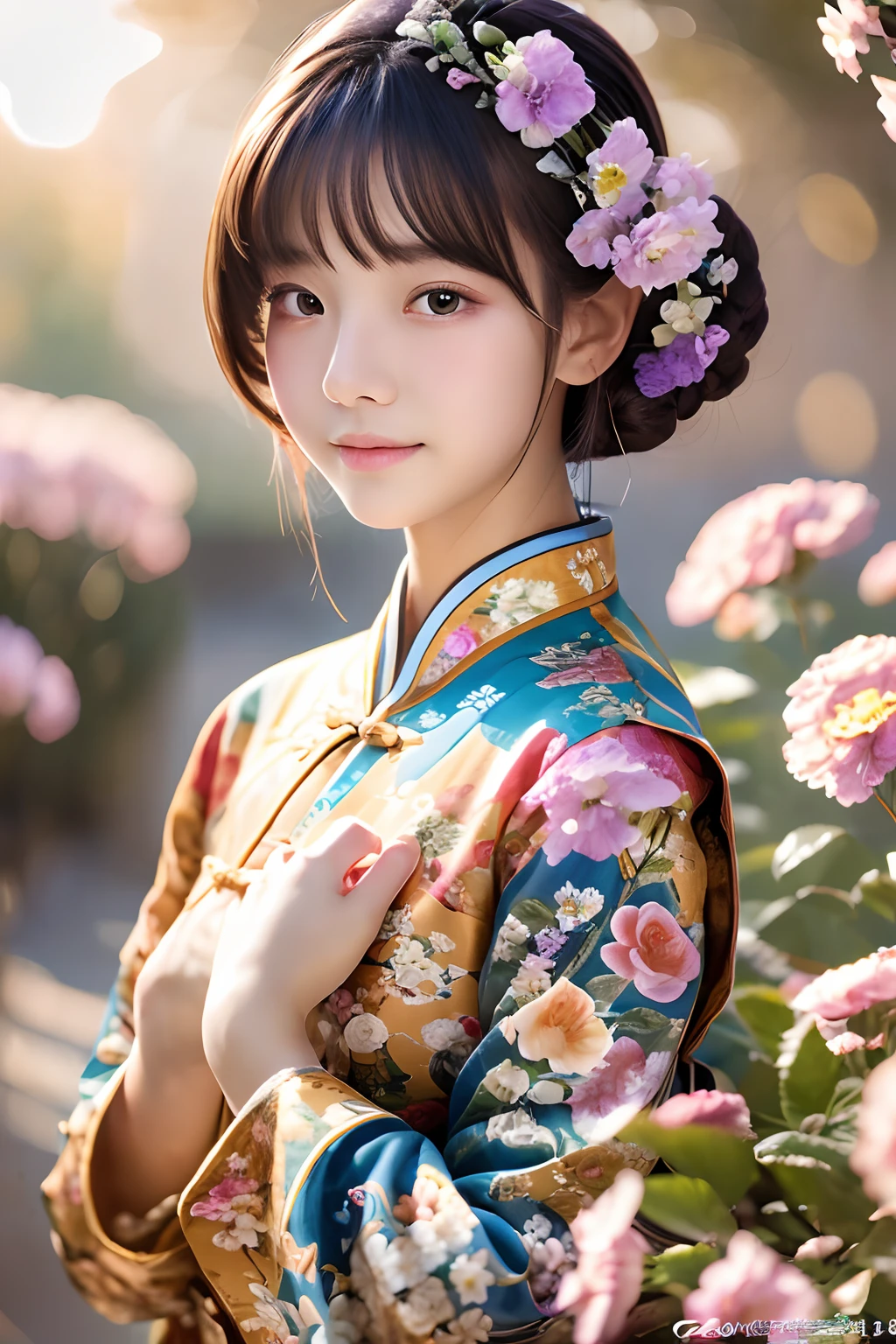 (masterpiece, top quality, best quality, official art, beautiful and aesthetic:1.2), 1 girl , extremely detailed, (flowers:1.3),highest detailed, (dynamic pose), (blurry background:1.3), (chinese Traditional cloth:1.2), (shiny skin),