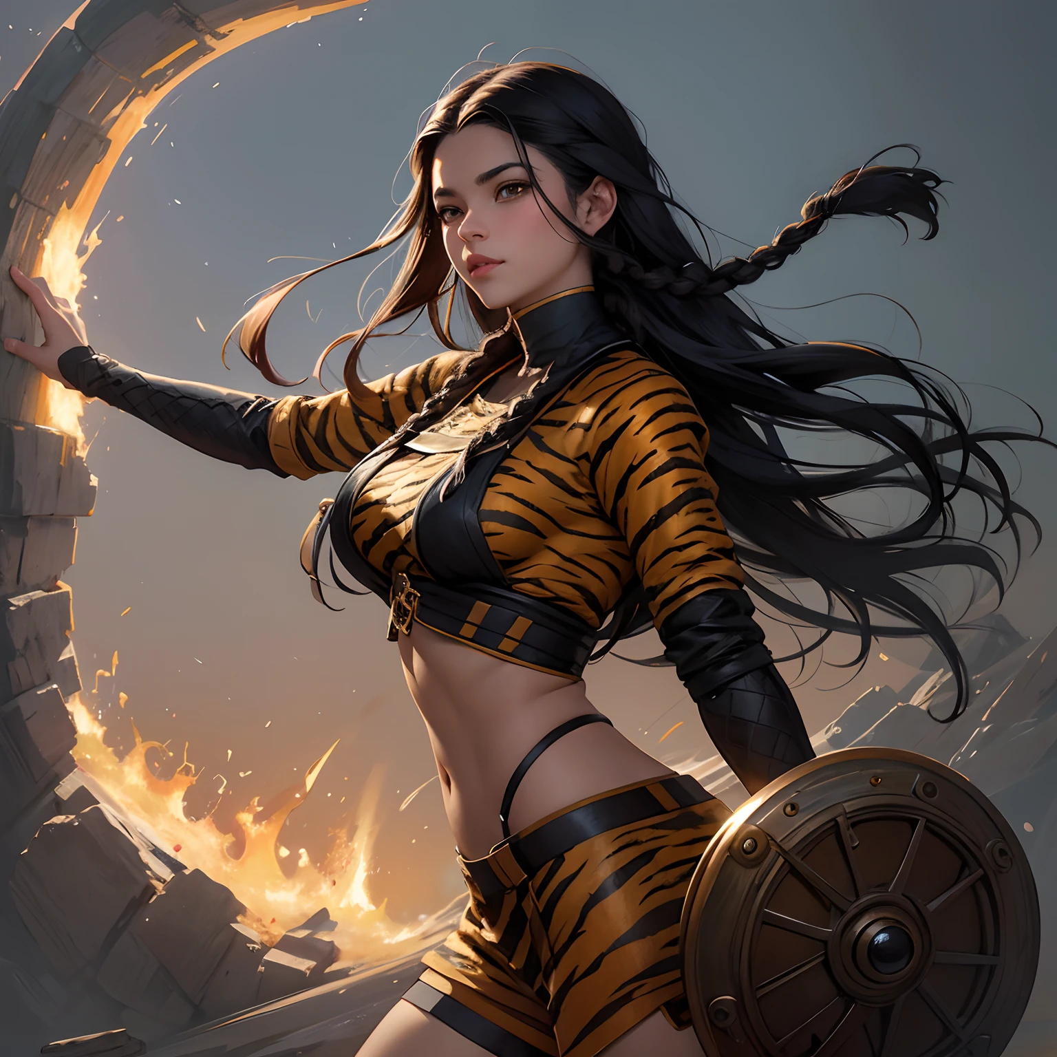  tigre, Long hair in a braid, tiger ears, striped fur, beautiful visuals, aesthetic, shadow effect, Glow tiger look, Glow Up, doradas, Ablaze, ((TIGER SKIN CLOTHING)), FOCUS ON THE PERFECT TIGER LOOK, Insanely detailed and intricate, highy detailed, ArtStation por WLOP, por artgerm, art by tom bagshaw, Atey Ghailan, Andrew Atroshenko, stanley Artgerm.