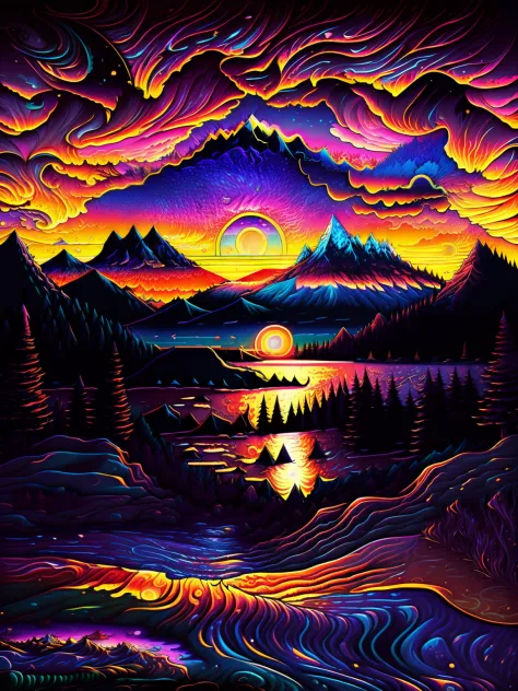 Brightly colored sunset over a mountain lake，The background is mountains, sunset psychedelic, psychedelic landscape, Vivid abstr...
