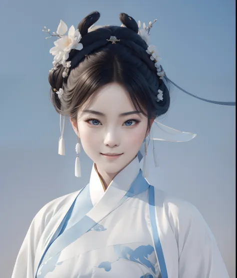 Close-up of a woman in a white and blue dress, Palace ， A girl in Hanfu, White Hanfu, Wearing ancient Chinese clothes, ancient c...