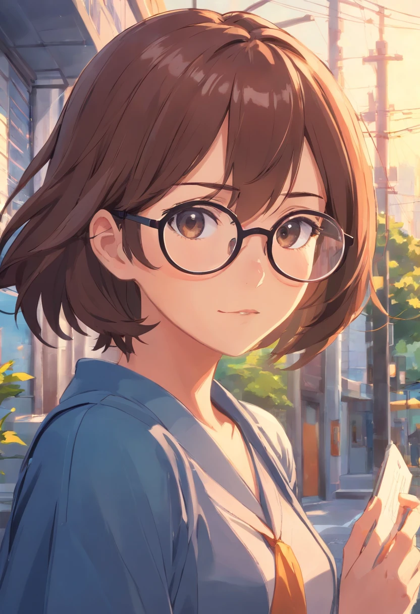 Anime girl with glasses and a blue shirt holding a cell phone - SeaArt AI