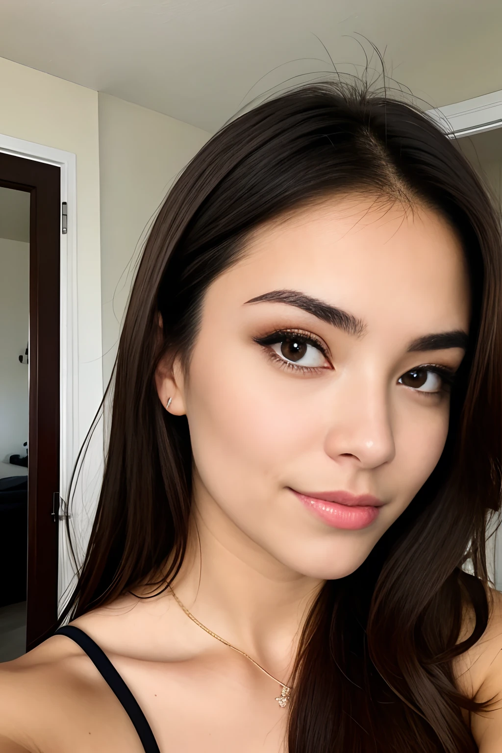 A Close Up Of A Woman With Long Brown Hair And A Black Top Seaart Ai