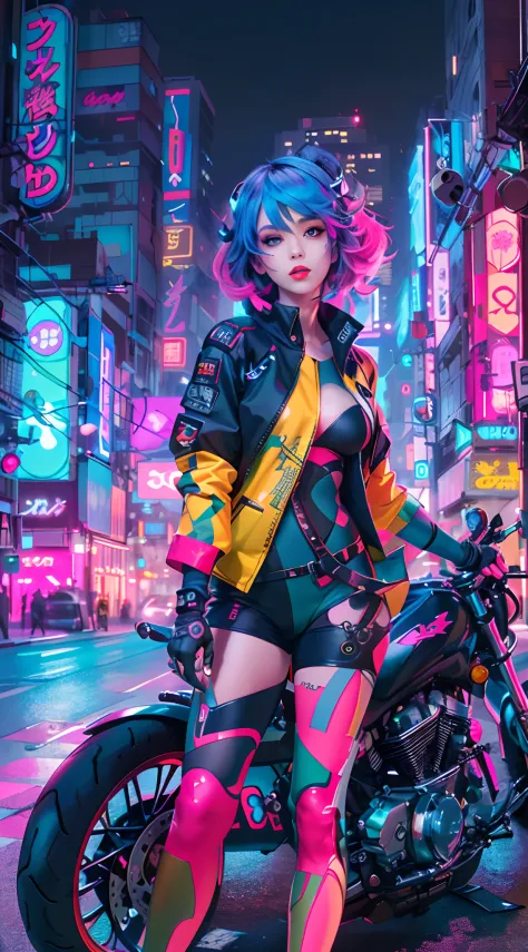 masutepiece, Best quality, Confident cyberpunk girl, Full body shot, ((Stand in front of the motorcycle)), Popular costumes inspired by Harajuku, Bold colors and patterns, Eye-catching accessories, Stylish and innovative hairstyle, Bright makeup, Cyberpunk...