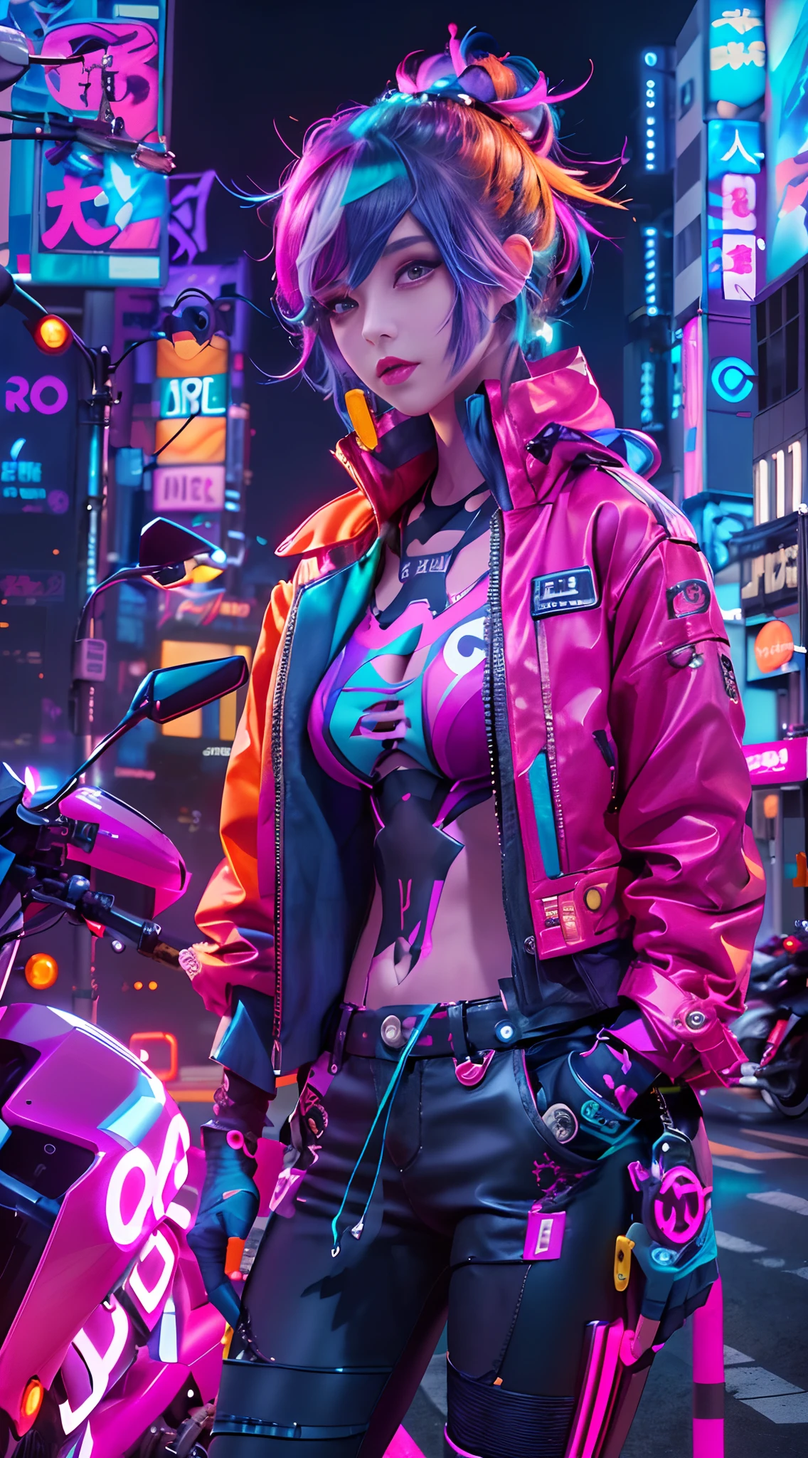 masutepiece, Best quality, Confident cyberpunk girl, Full body shot, ((Stand in front of the motorcycle)), Popular costumes inspired by Harajuku, Bold colors and patterns, Eye-catching accessories, Stylish and innovative hairstyle, Bright makeup, Cyberpunk's dazzling cityscape, skyscrapper, Neon signs, LED lights, Bright and vivid color scheme, anime, illustration, Detailed skin texture, Detailed cloth texture, beautifull detailed face, Intricate details, ultra - detailed.