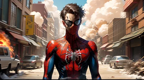 Spider-Man wearing his mask with sunglasses on while walking and an explosion is happening behind him