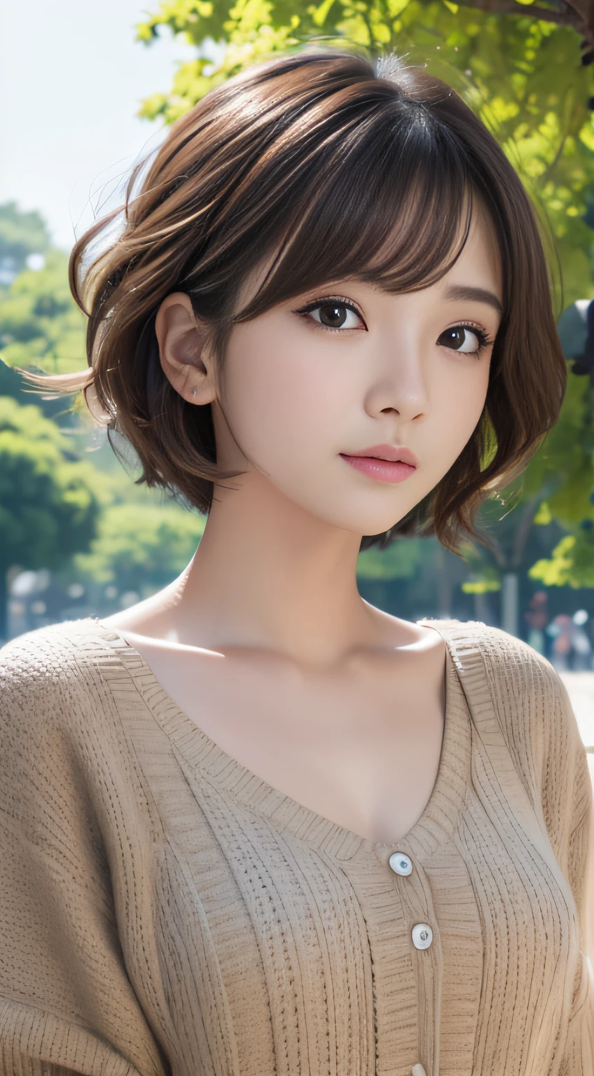 masutepiece, Best Quality, Illustration, Ultra-detailed, finely detail, hight resolution, 8K Wallpaper, Perfect dynamic composition、27 year old cute girl、detailed beautiful faces、detailed cute eyes、Textured skin、Faintly open lips、Wavy brown short-cut hair、Sexy shot looking at camera、a park、