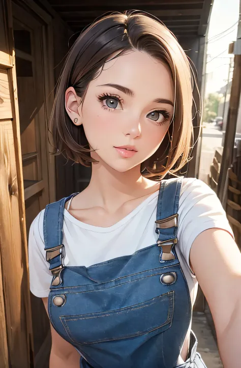 girl in short overalls, top shot,((selfie)), random background, kiss, beautiful, medium breasts, flirty look, ((very detailed)), short hair (perfectly detailed face), (well detailed hand), photorealistic image.