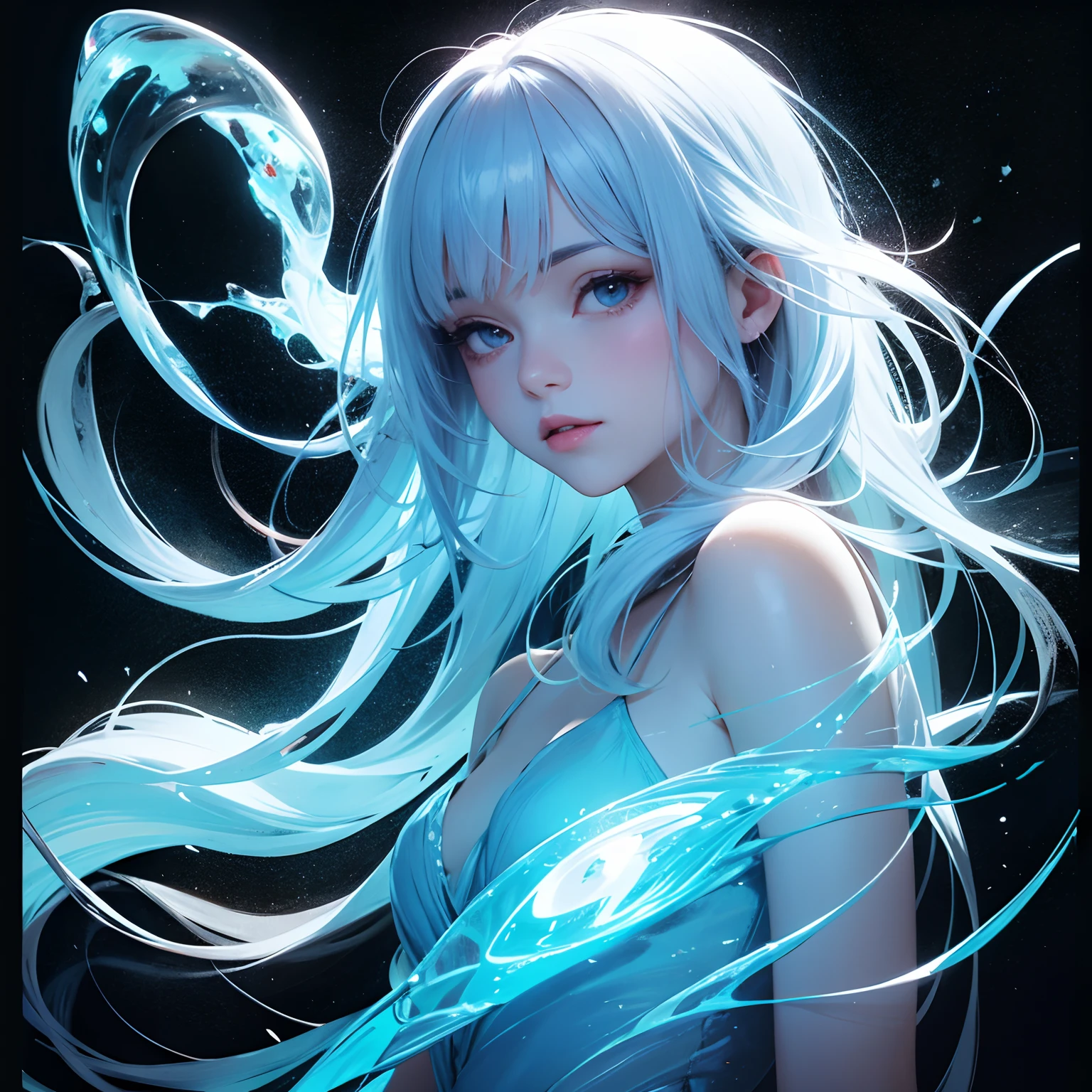 drawing of a cute young woman, long flowing hair, transparent bioluminescent glowing body, on a deep dark background, glassmorphisom,   32k by AiLove, Mysterious