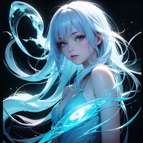 drawing of a cute young woman, long flowing hair, transparent bioluminescent glowing body, on a deep dark background, glassmorph...