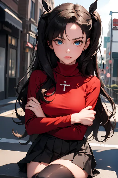 (masterpiece), best quality, expressive eyes, perfect face, 1girl, solo, rintohsaka, rin tohsaka, aqua eyes, black hair, hair ri...