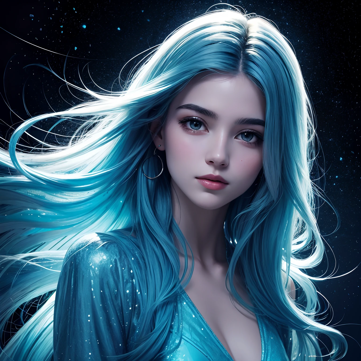 desenho de uma mulher jovem bonito, cabelo longo e esvoaçante, corpo brilhante bioluminescente transparente, em um fundo escuro profundo, Glassmorphisom,   32k por AiLove, misterioso