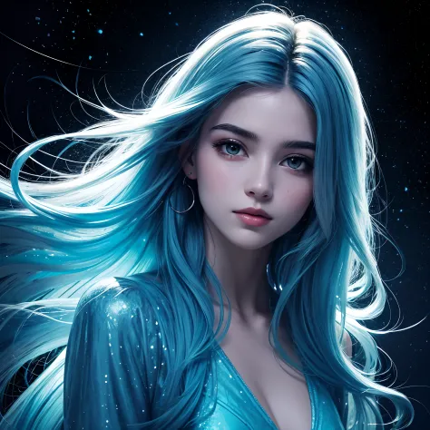 desenho de uma mulher jovem bonito, long flowing hair, corpo brilhante bioluminescente transparente, em um fundo escuro profundo...
