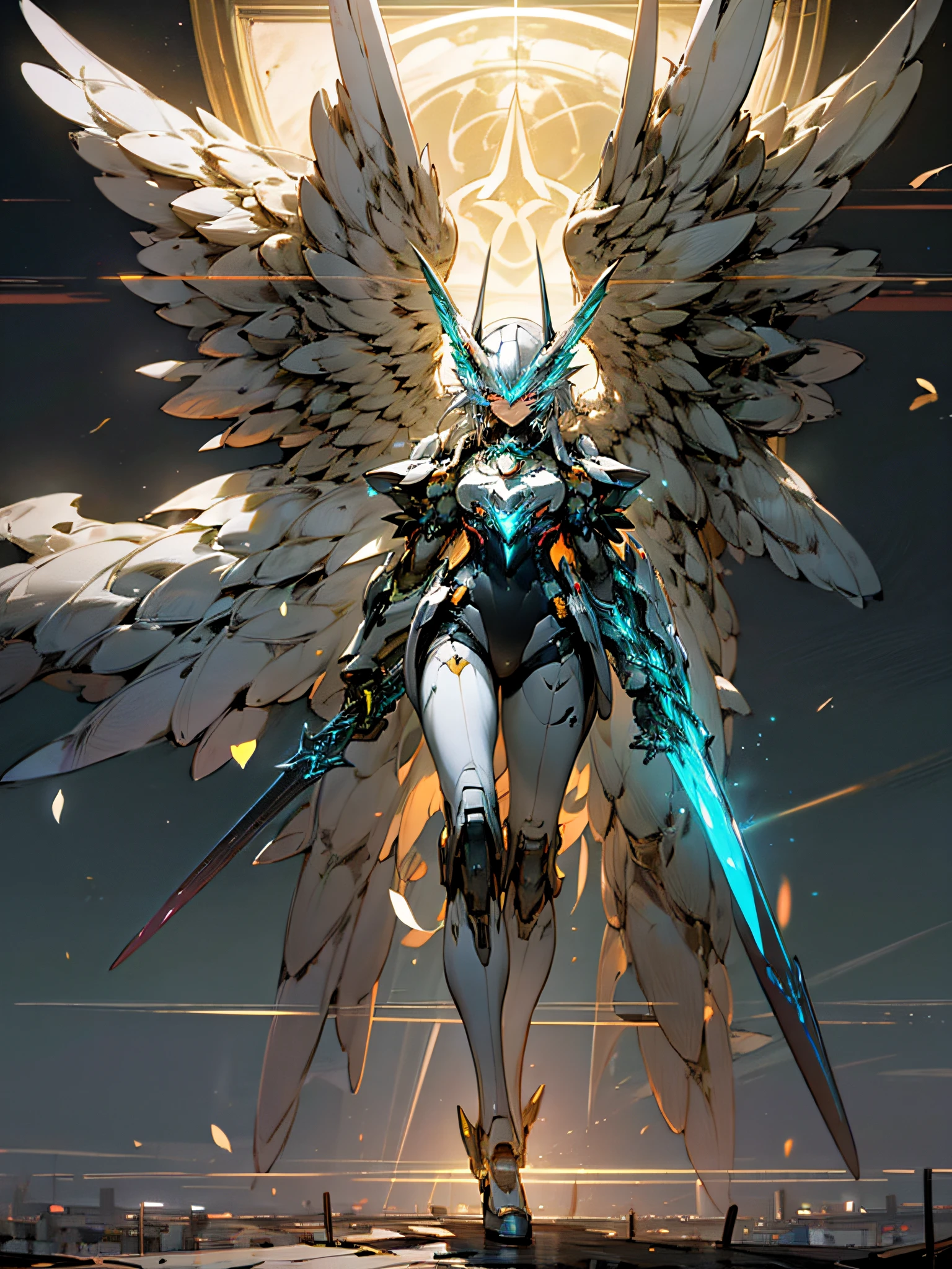 A powerful and powerful MECH, robust, two-color neon luminous eyes, MECH open wings, dual swords, exuding its strength, full body, full black color, {extremely detailed 16k CG unit wallpaper}, expansive landscape photography, (a low view focusing on the character), (wide open field view), (low angle shot), (high light: 1.5), (low light: 1.4), (warm light source: 1.8), details Complex, (iridescent colors: 1.6), (bright lighting), (atmospheric lighting), Dreamy, Badass, unique